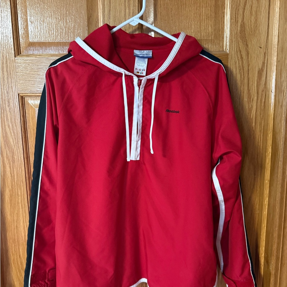 Vintage Reebok Red Pullover with Black and White Details, hood and pockets